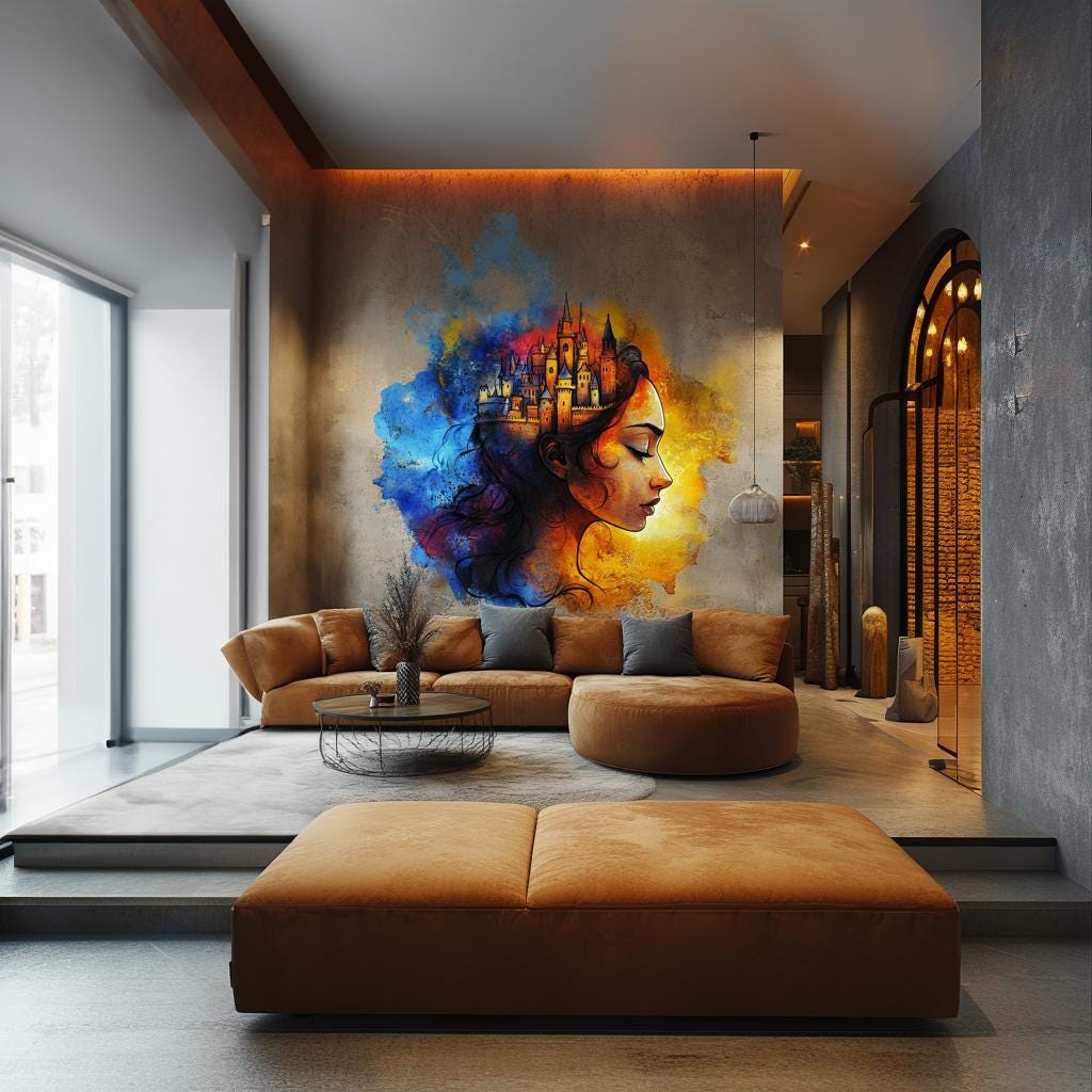 Vibrant woman portrait wall art sticker with castle design in modern living room decor.