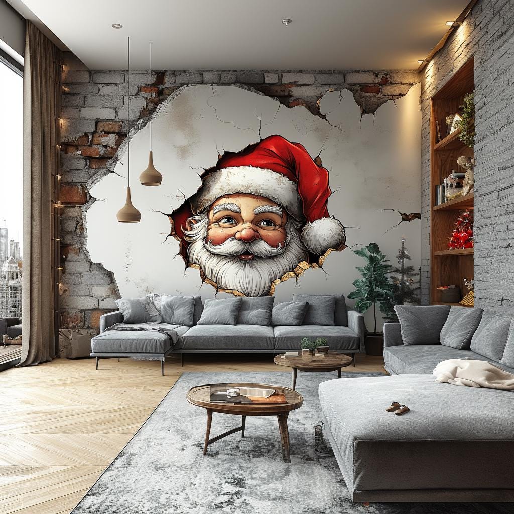 Product preview featuring Santa Claus breaking through a cracked wall in a printed 3D optical illusion