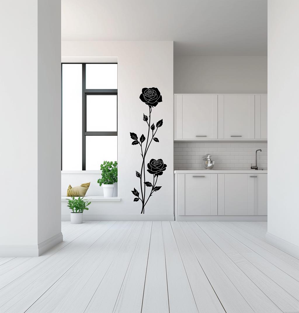 Vertical black rose wall decal in modern kitchen, adding elegance to the decor with blooming roses and leaves.