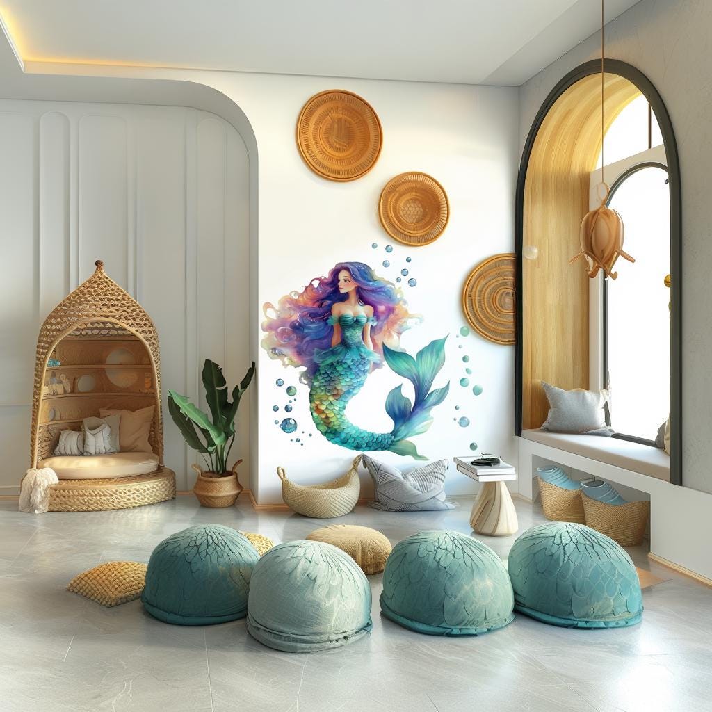 Mermaid Wall Decal featuring rainbow hair and ocean inspired details