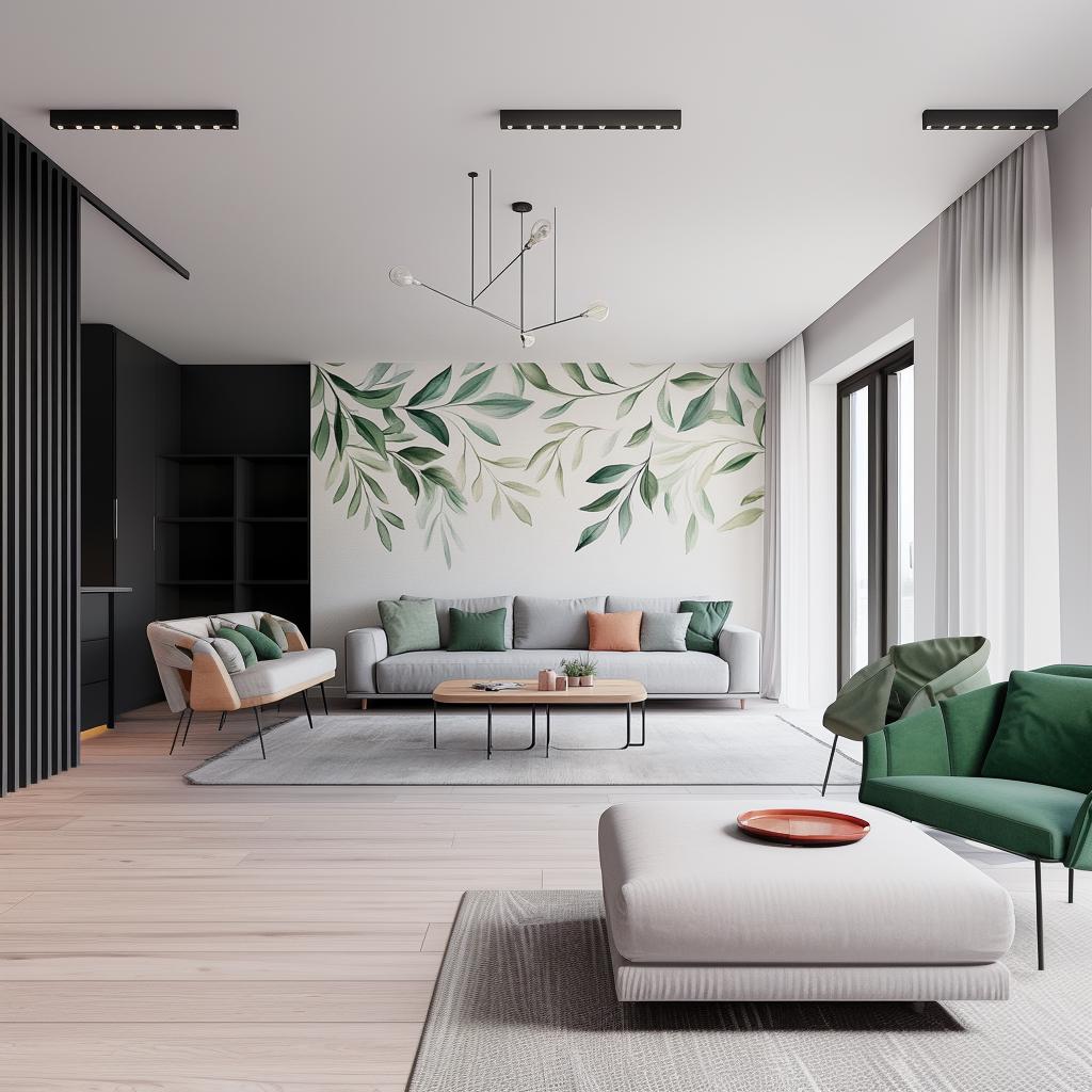 Printed botanical wall sticker featuring watercolor leaves in soft green tones