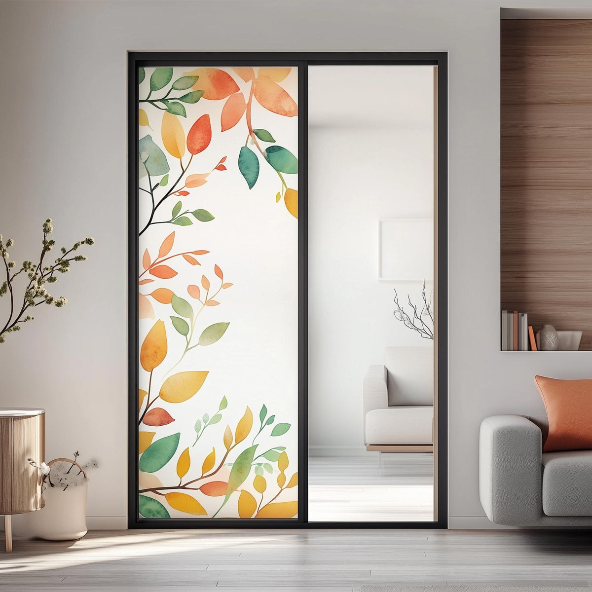 Product view of Custom Frosted Glass Film with Leaf Design.