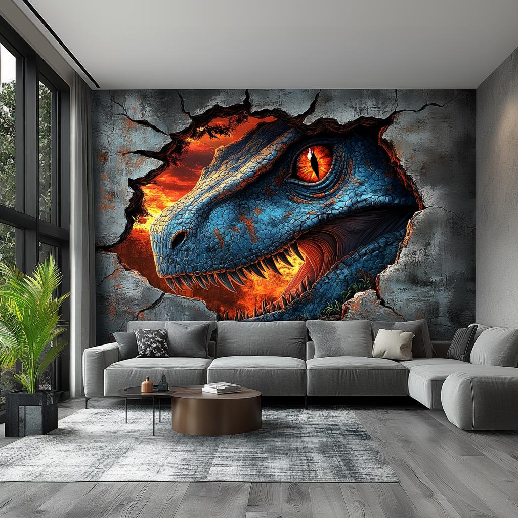 3D Blue Raptor Wall Decal featuring a glowing red eye and fiery breakthrough effect