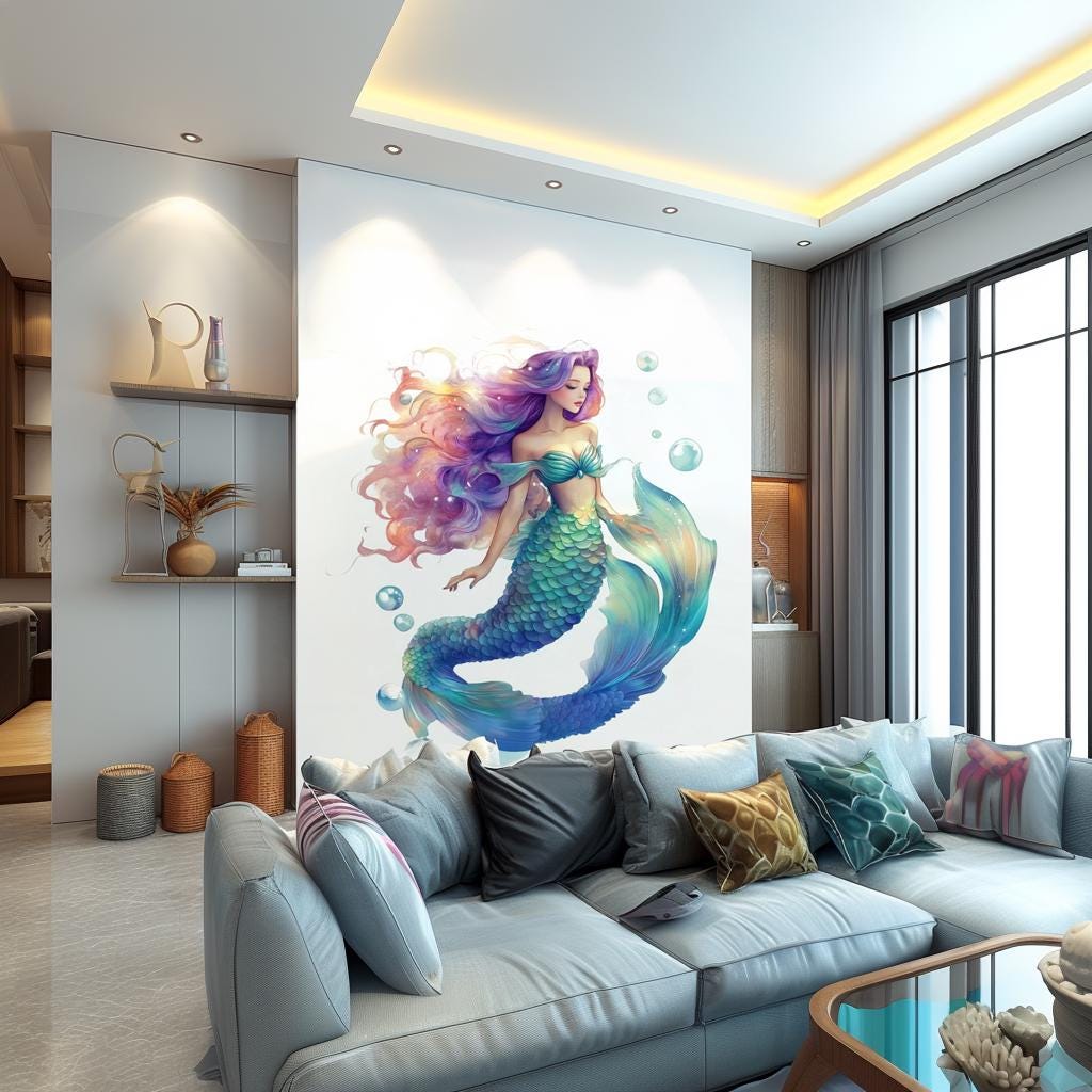 Mermaid Wall Decal featuring flowing hair and shimmering scale artwork