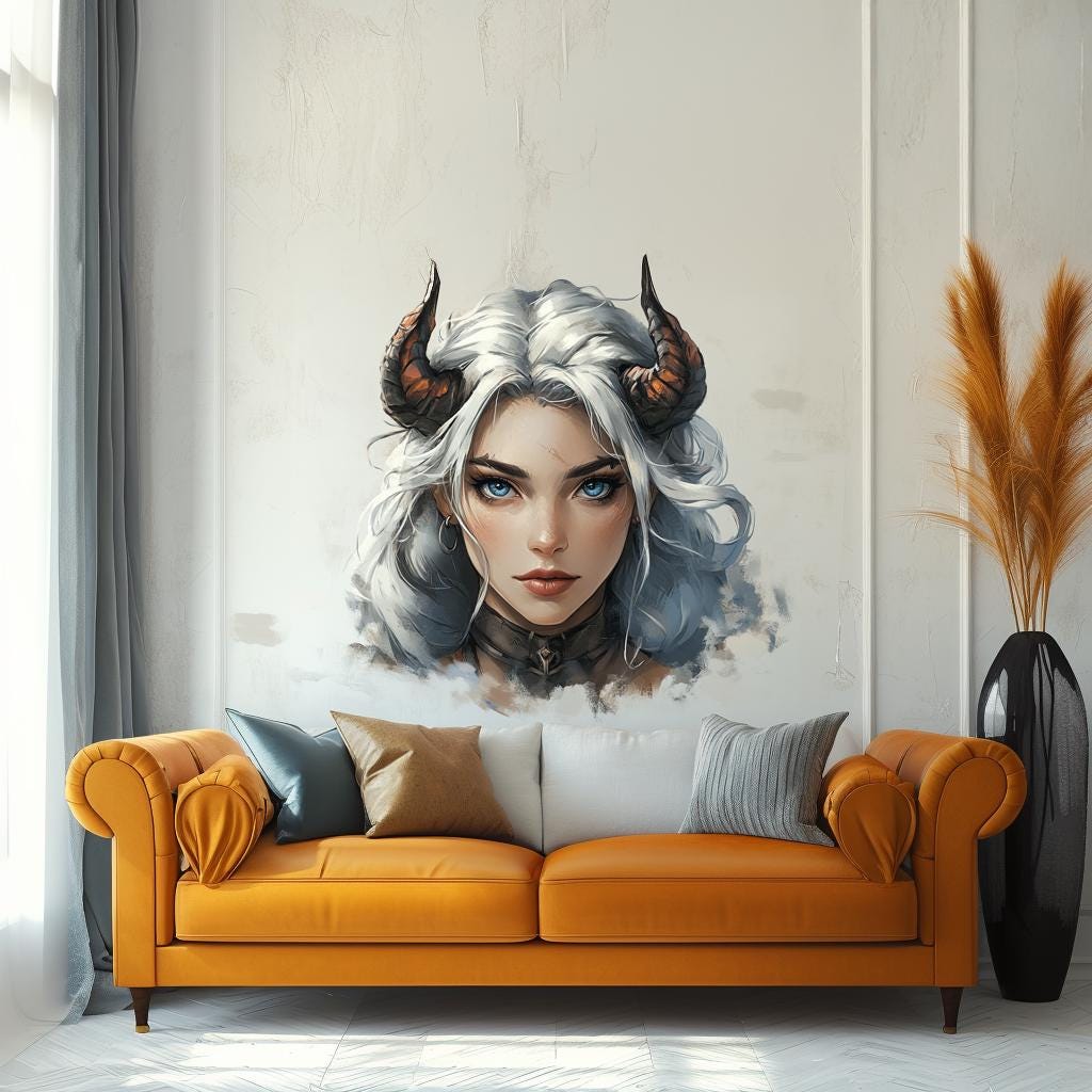 Demon Girl Wall Decal featuring white hair, blue eyes and curved horns for gothic bedroom, gaming setup, studio or