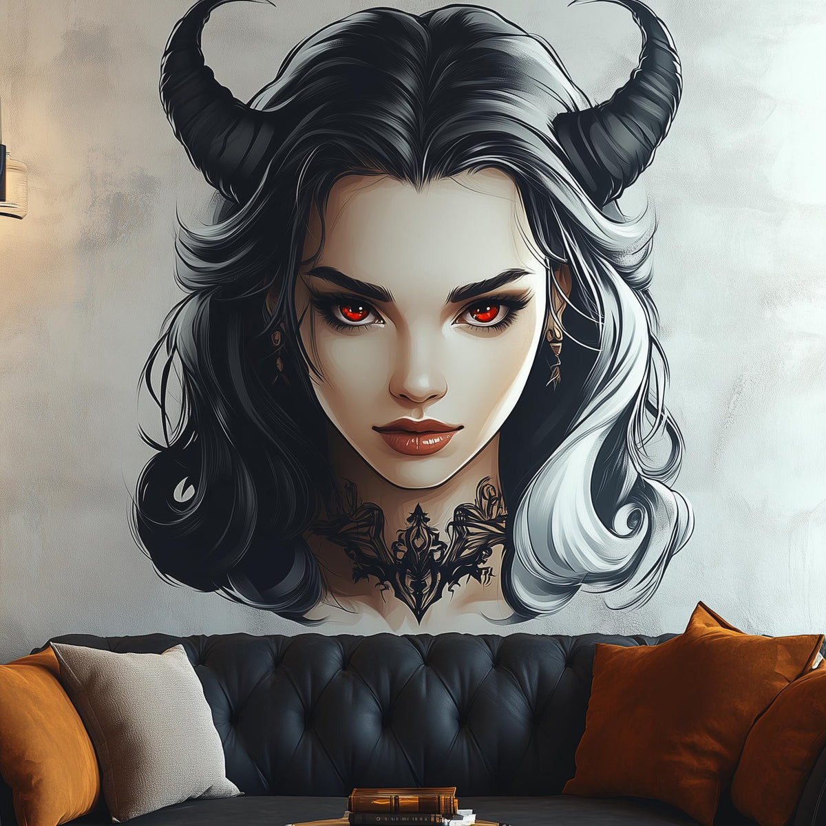 Dark Fantasy Horned Character Wall Decal featuring a dark fantasy horned character portrait with contrasting black, white and red details