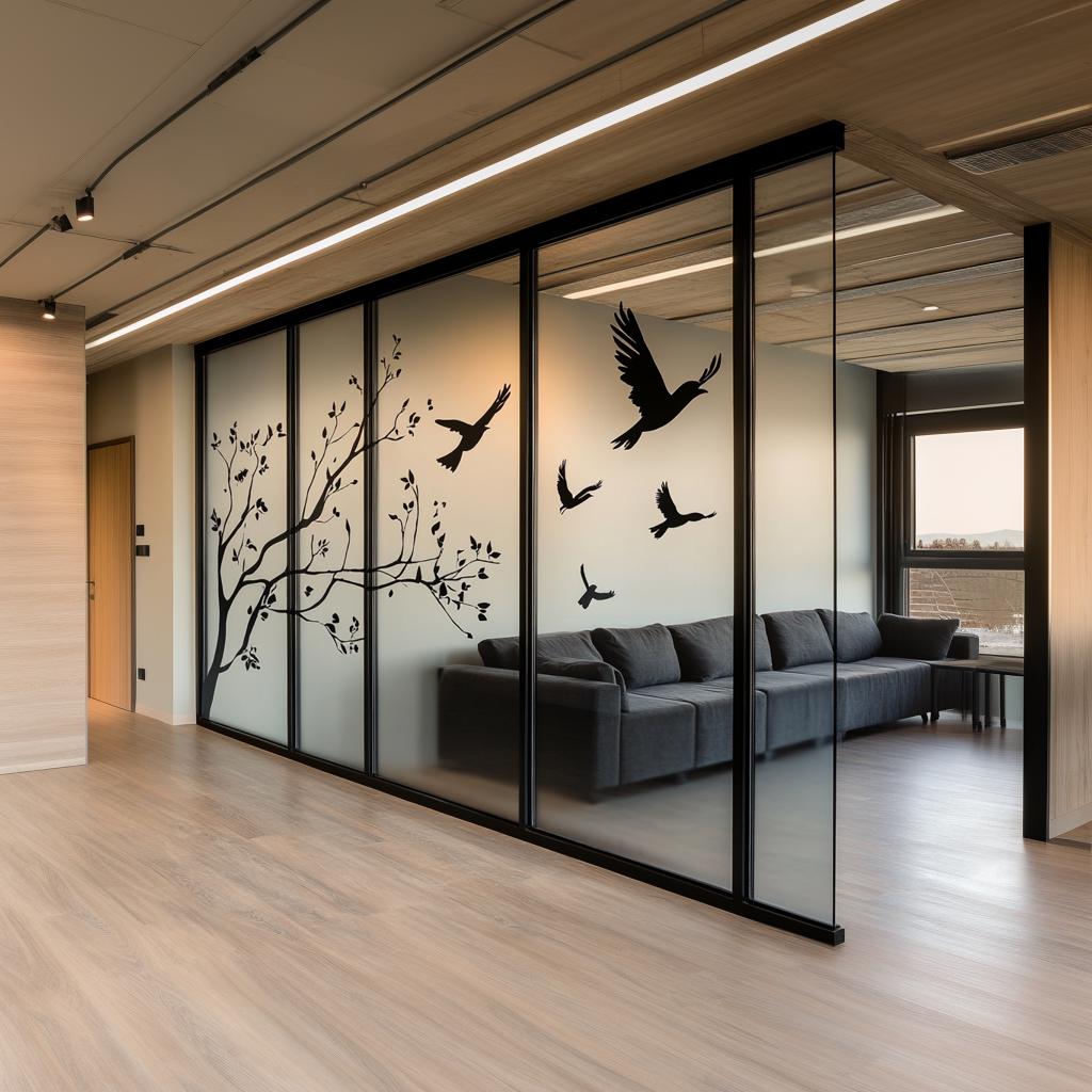 Modern office interior featuring bird tree window decal for privacy and elegant decor.