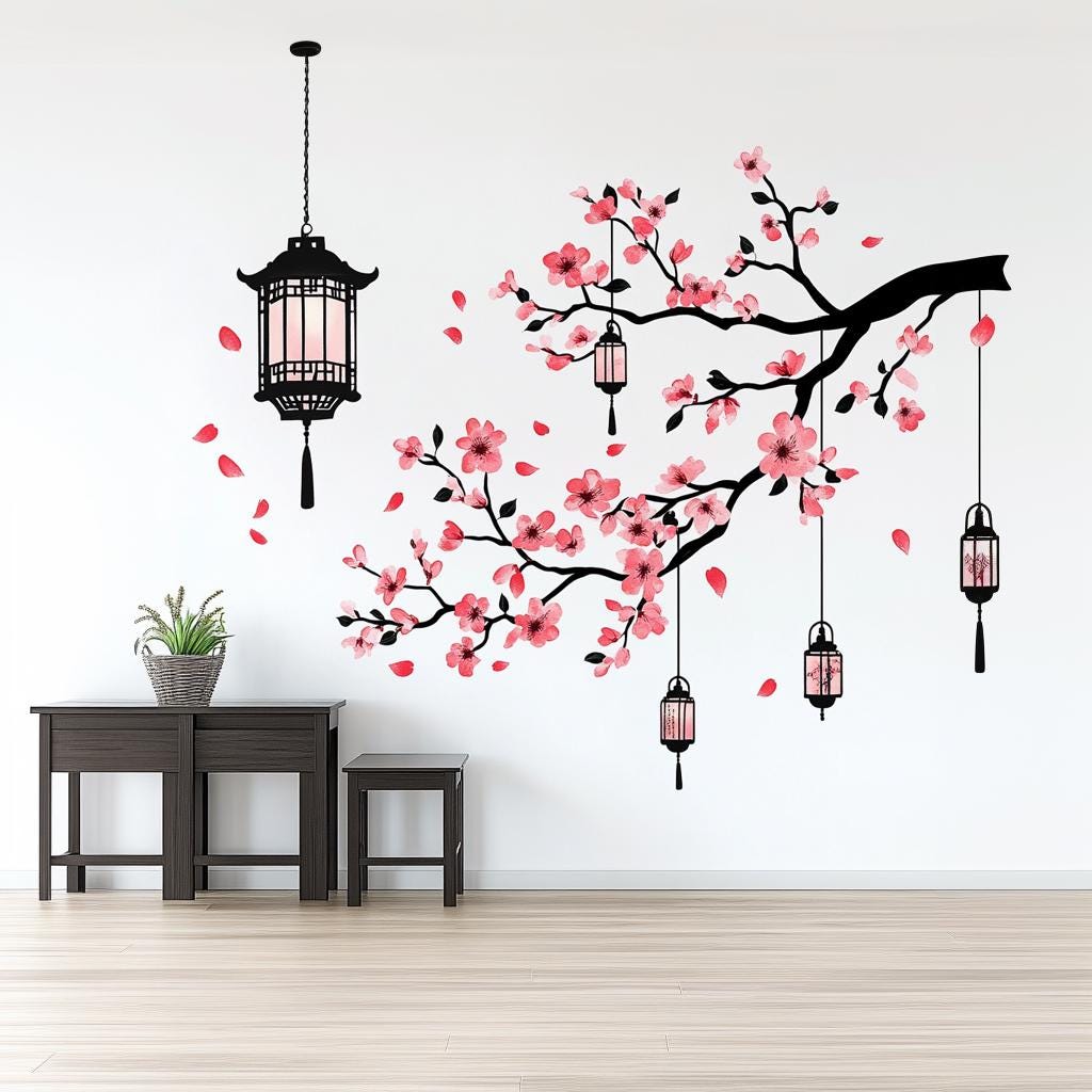 Cherry Blossom Lantern Wall Decal featuring soft pink flowers and traditional lantern details