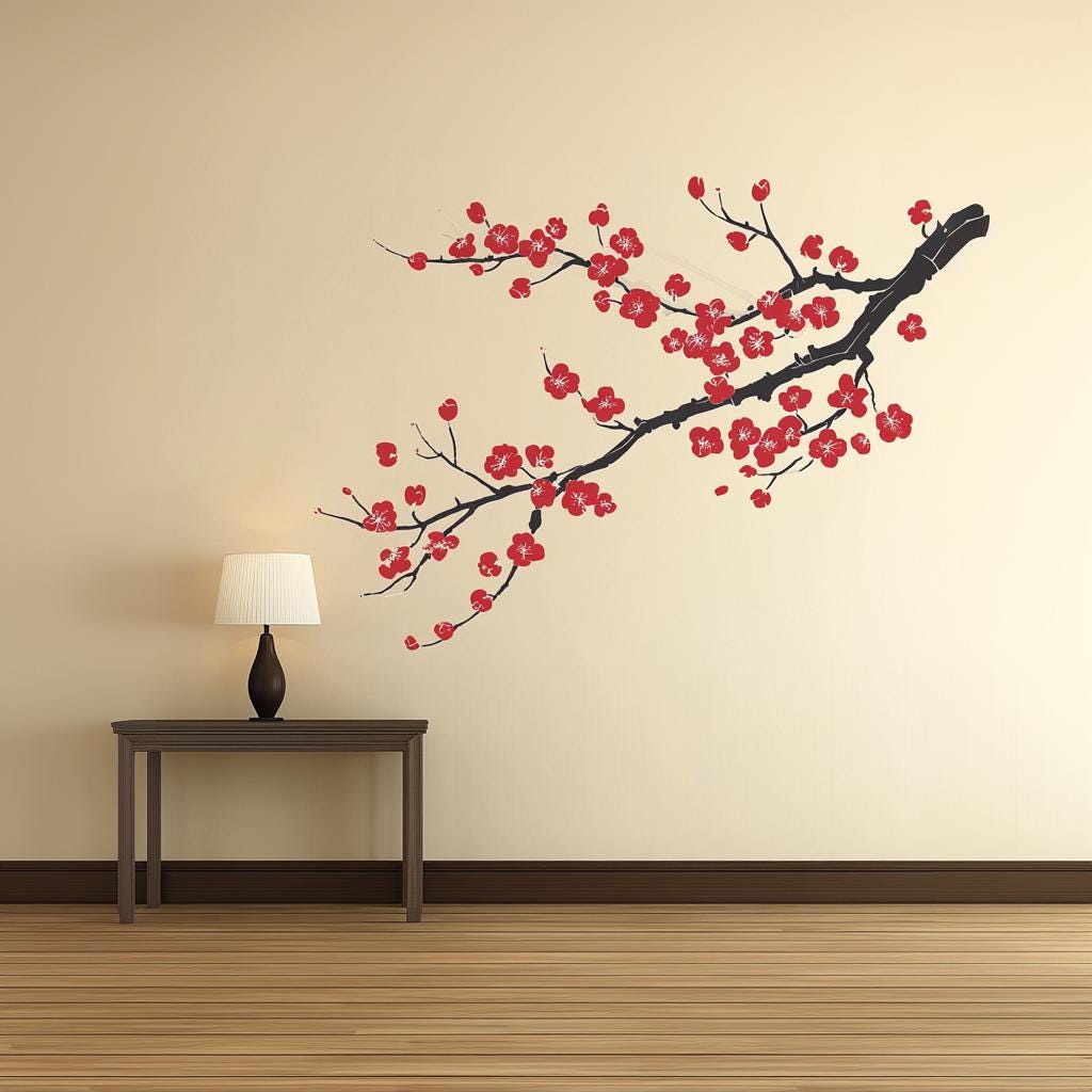 Plum Blossom Wall Decal featuring vivid red flowers, dark branches and calligraphy inspired details