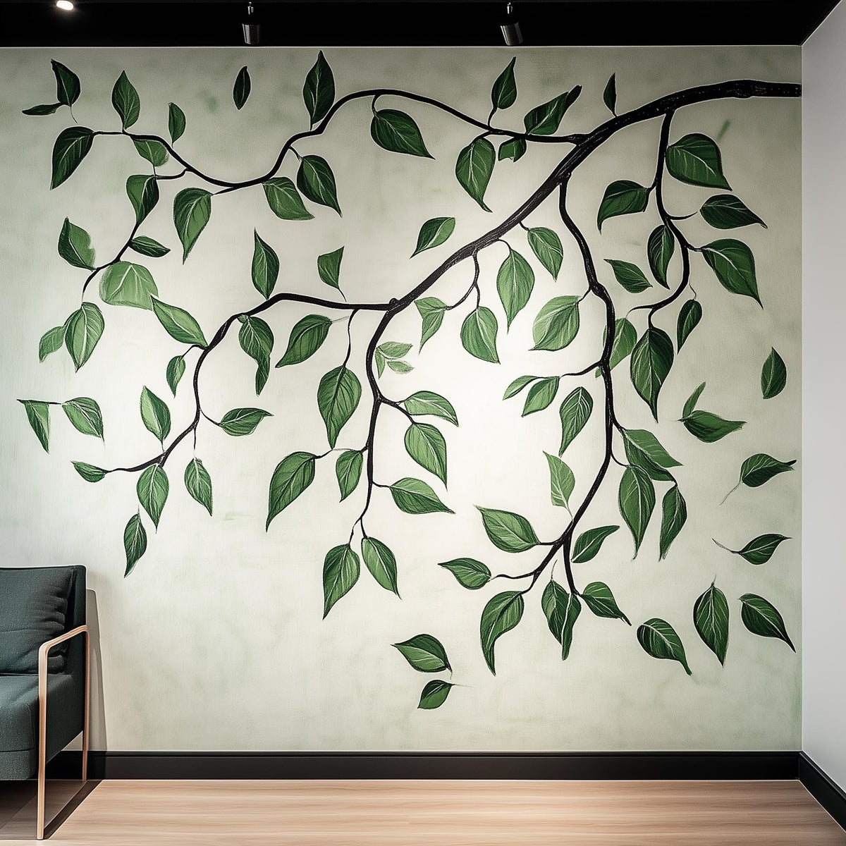 Botanical green vine leaf wall decal in muted green and beige tones