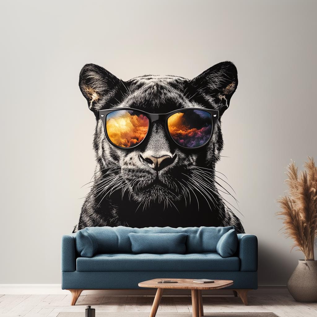 Black Panther Wall Decal featuring dark sunglasses reflecting warm sunset tones