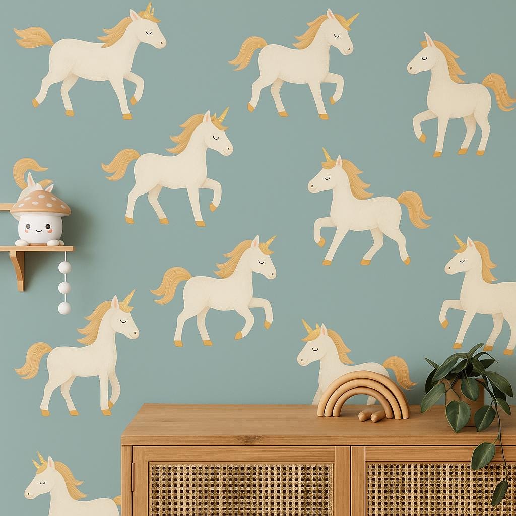 A nursery wall featuring twelve pastel unicorn decals with golden manes and horns arranged over a teal background.