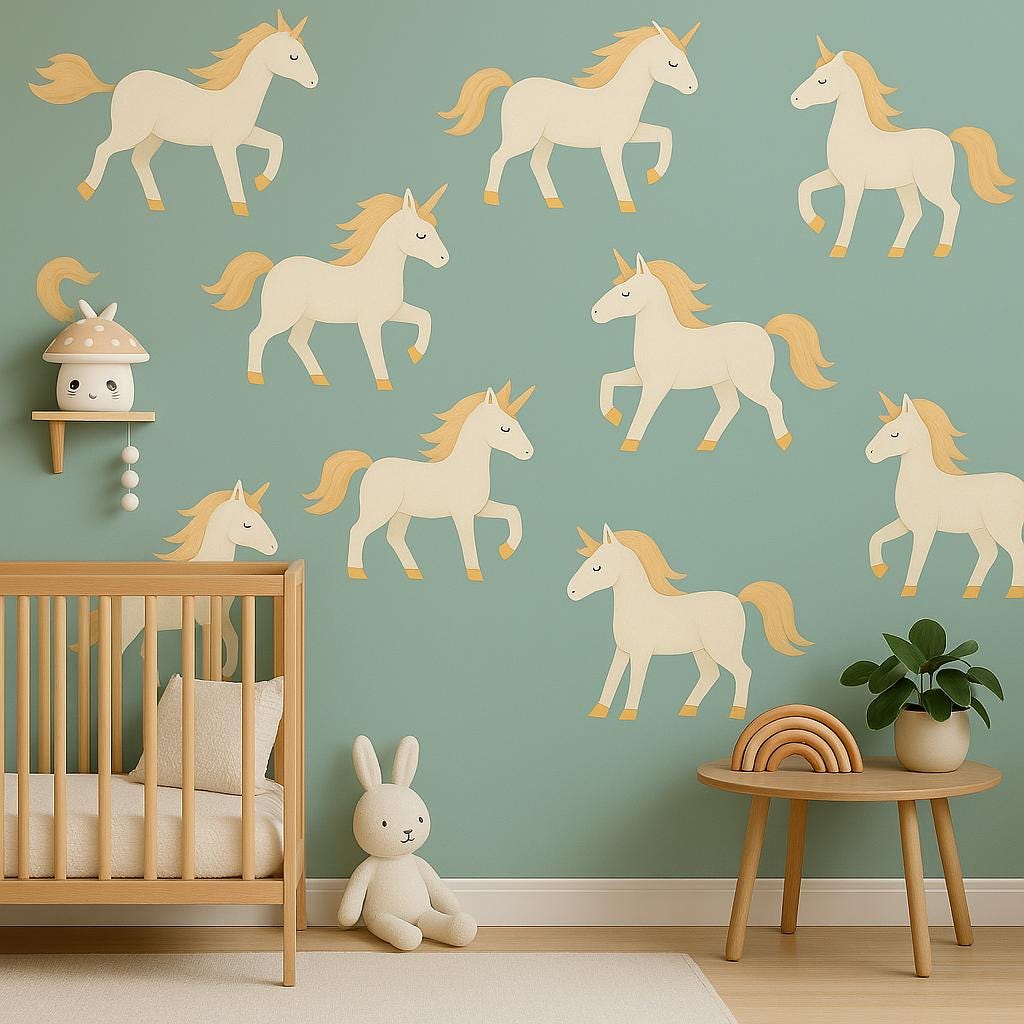 Unicorn Wall Decals featuring twelve pastel unicorn decals with golden manes and horns arranged over a teal background