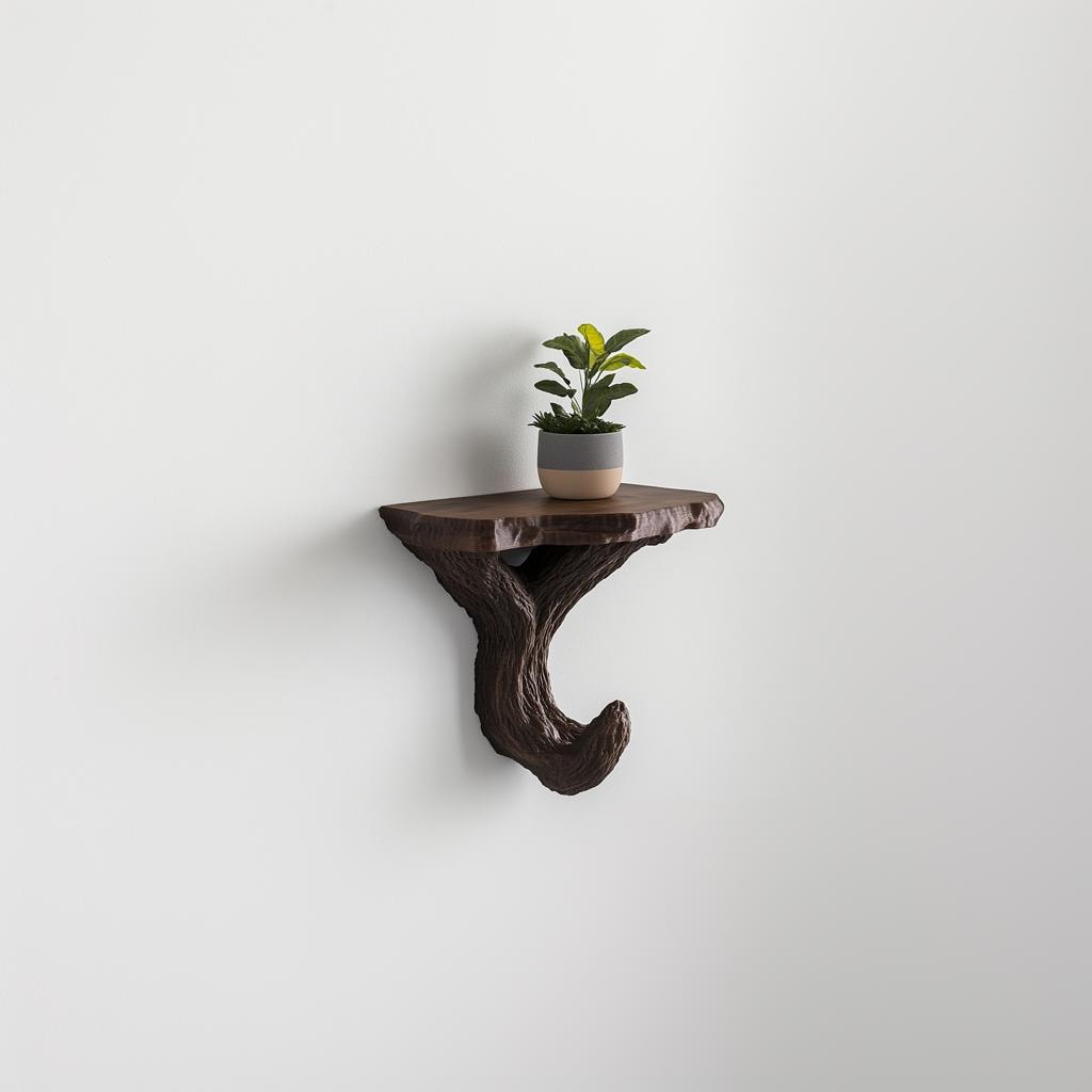 Black Branch Wall Shelf featuring branching tree supports, mounted as a floating ledge for a small plant