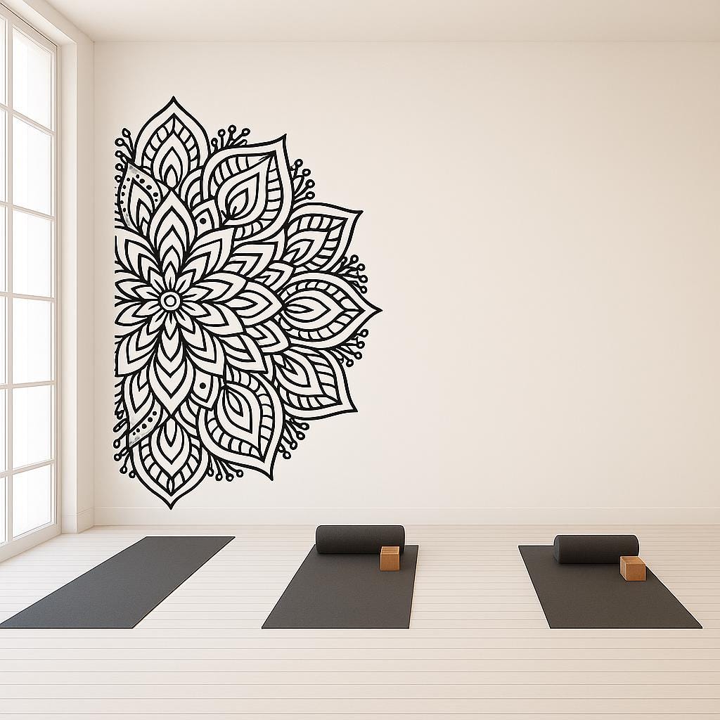 Half mandala wall decal in yoga studio, adding elegance and tranquility to the serene space.