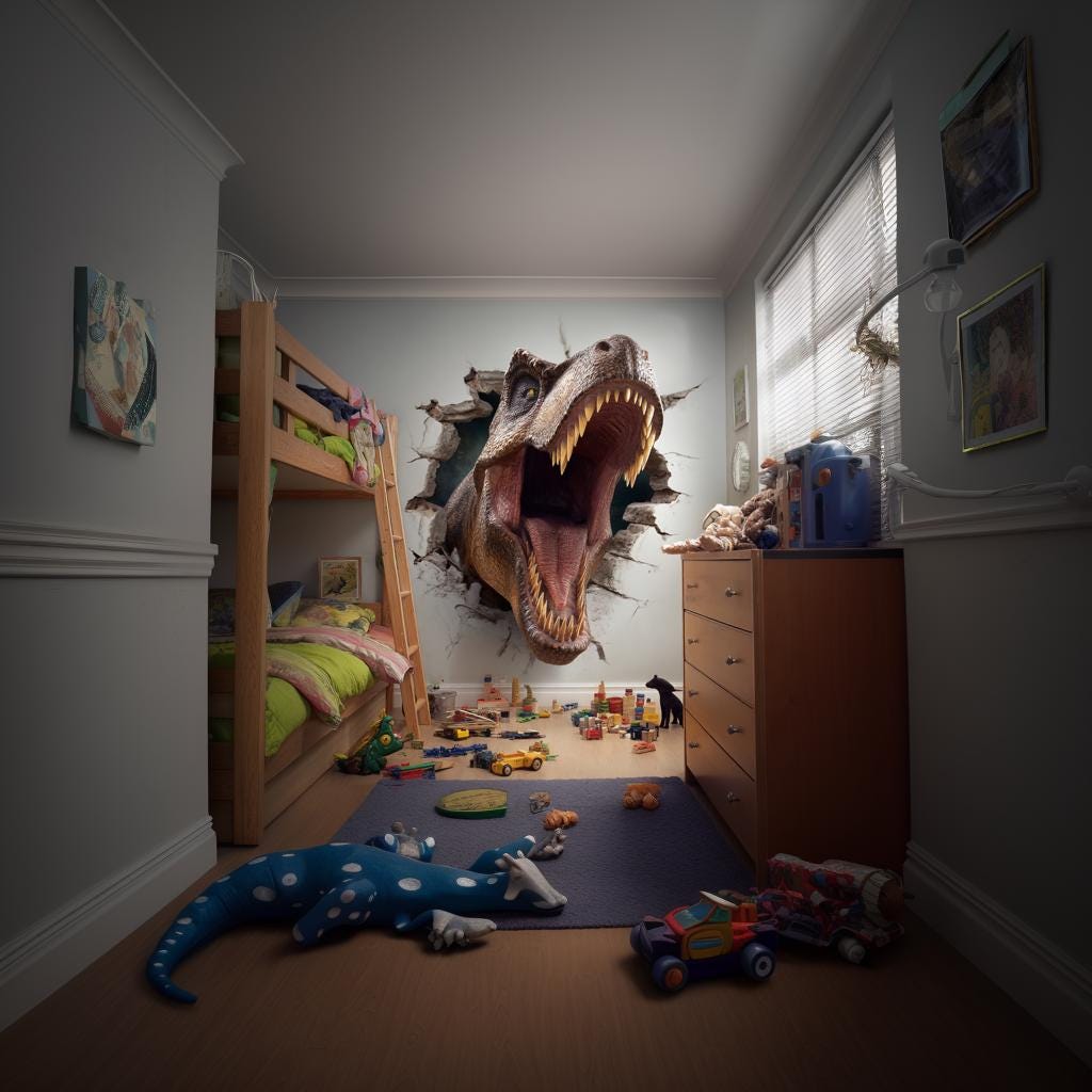 T Rex Wall Decal for Kids Room featuring a printed breakthrough style 3D visual effect