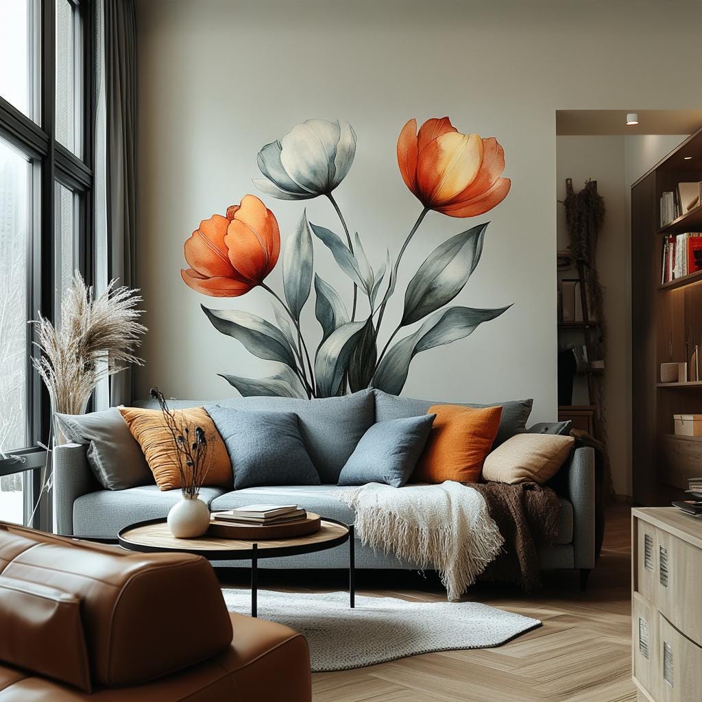 Watercolor Tulip Wall Decal featuring three watercolor tulips in orange, red and ivory tones