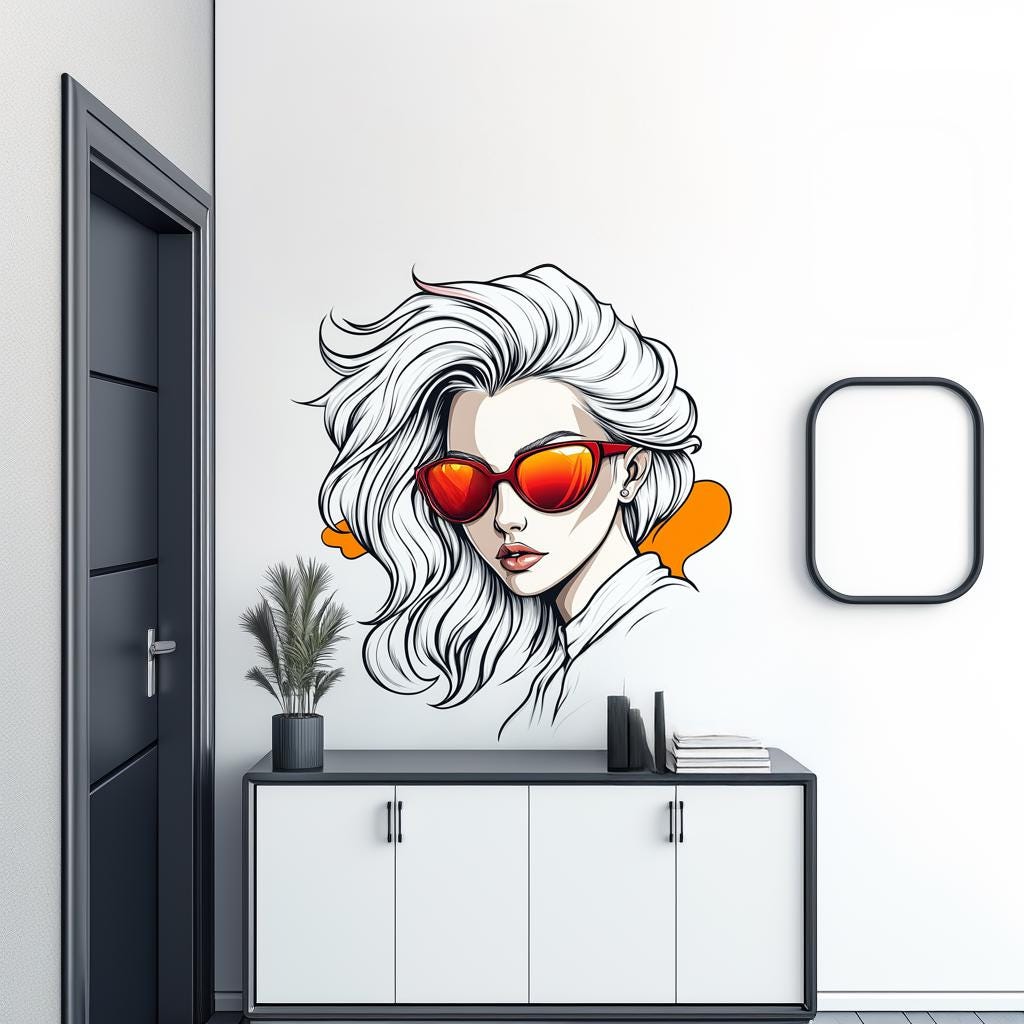 Printed vinyl wall artwork showing a white haired anime woman wearing orange sunglasses