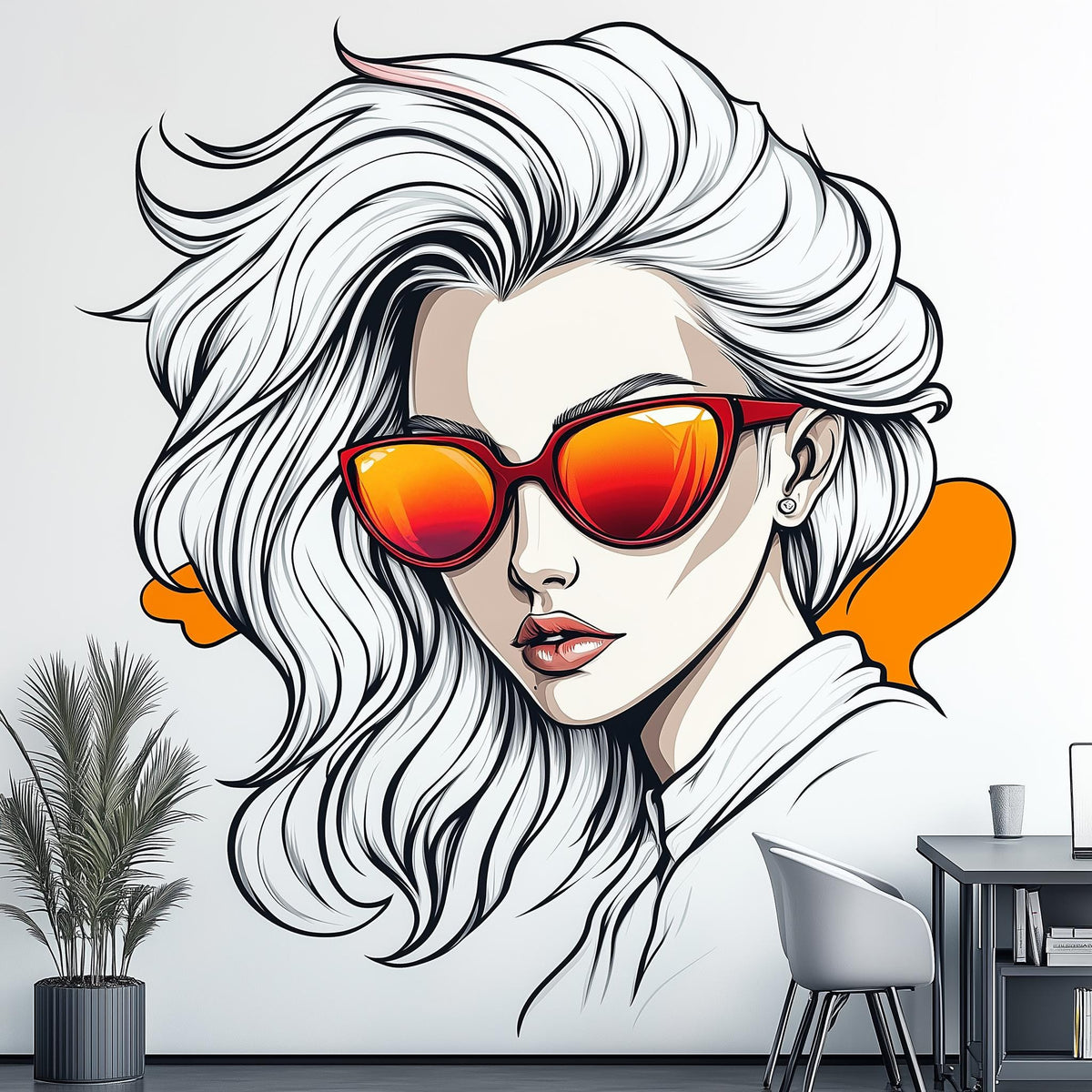 Cool Girl Wall Decal featuring a white haired anime woman wearing orange sunglasses