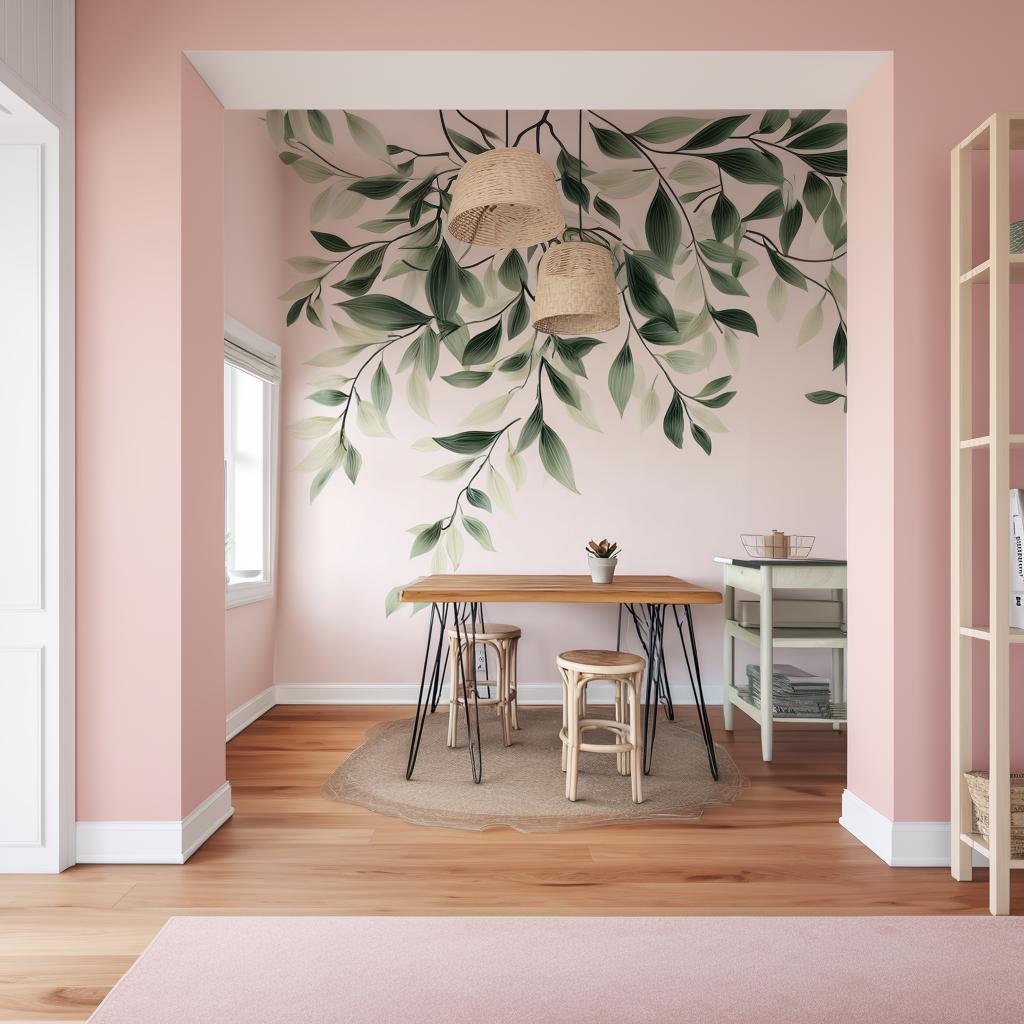 Printed vinyl wall artwork showing large botanical vine leaves without a printed rectangular background