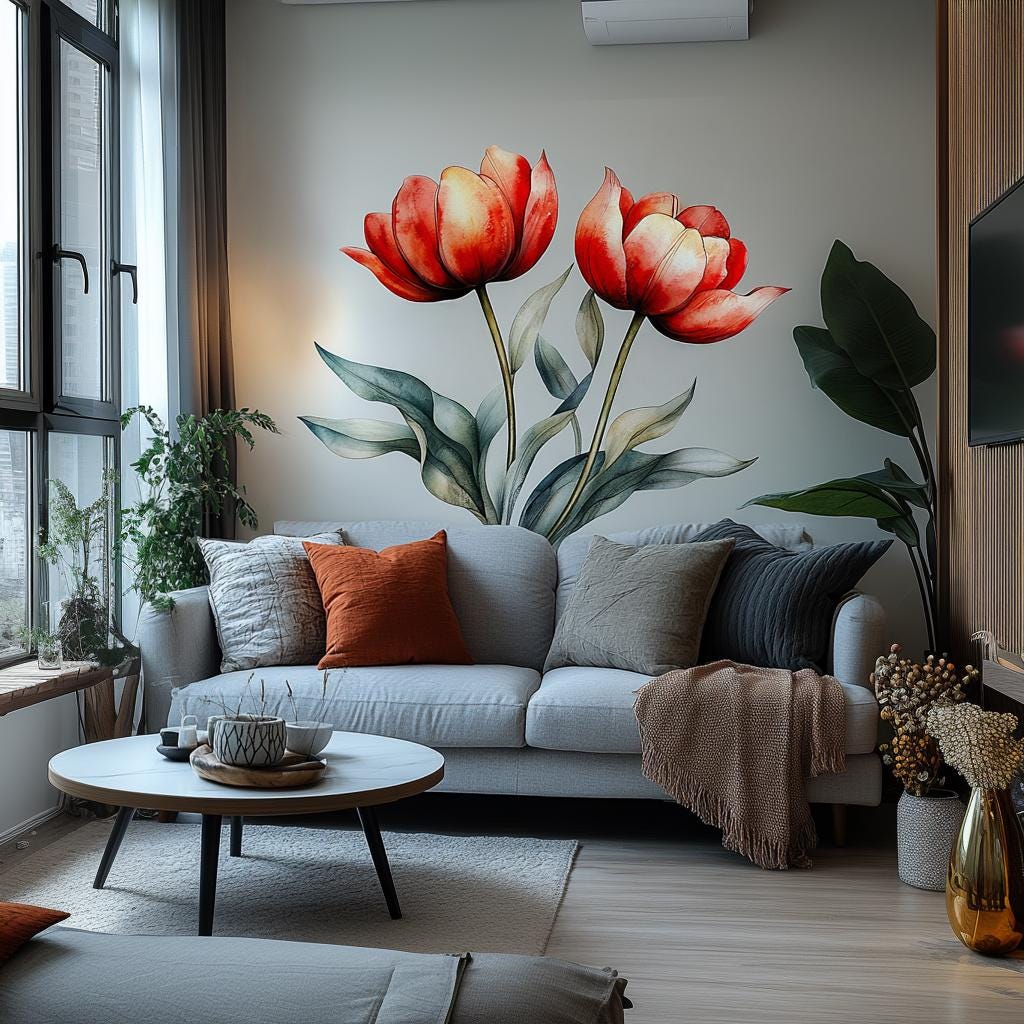 Printed vinyl wall artwork showing two red watercolor tulips with soft green foliage