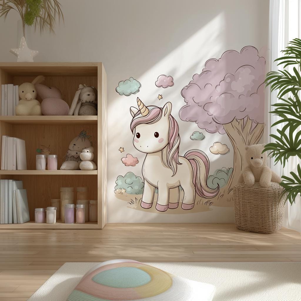 Cute Unicorn Wall Decal featuring a pastel unicorn with a whimsical tree, soft clouds and stars