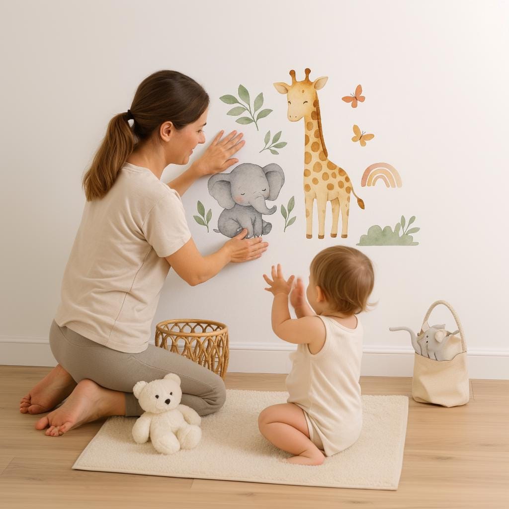 Printed vinyl wall artwork showing an elephant, giraffe and jungle botanical leaves