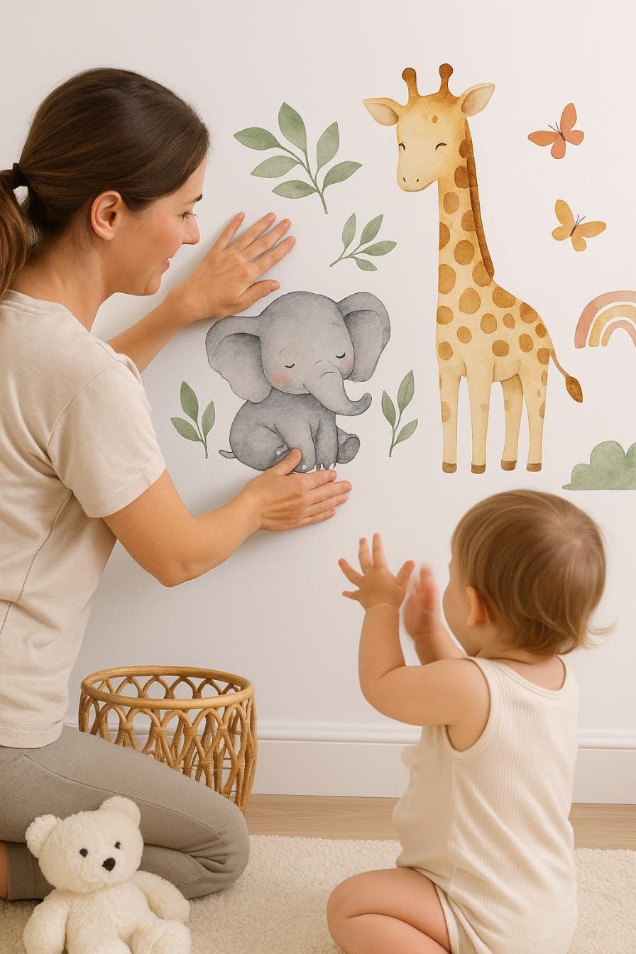 Jungle Animal Wall Decals for Nursery featuring an elephant, giraffe and jungle botanical leaves