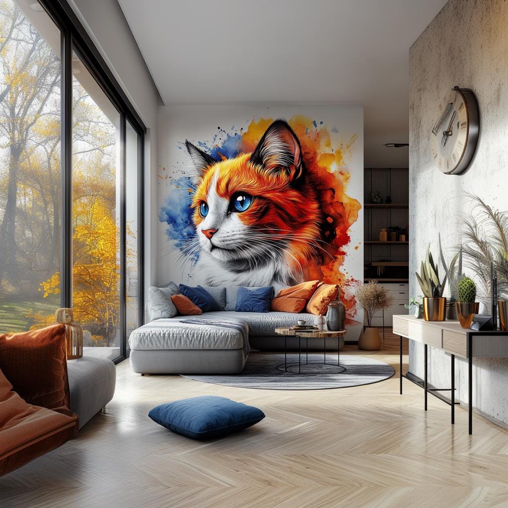 Large watercolor ginger cat wall sticker above a sofa with blue and orange cushions beside tall windows.