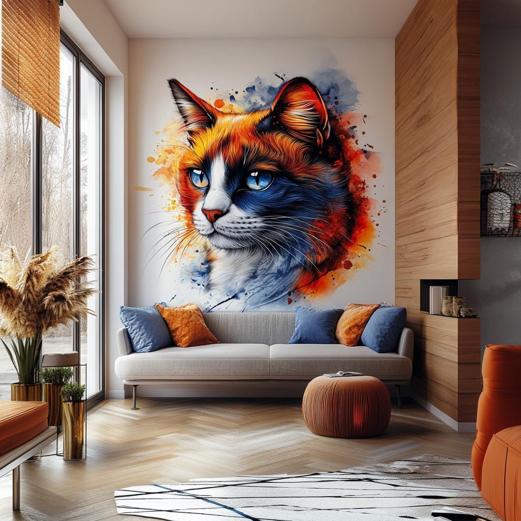 Calico Cat Wall Decal Blue Eyed Domestic Shorthair Cat Sticker featuring a blue eyed calico cat with orange cream and blue watercolor markings