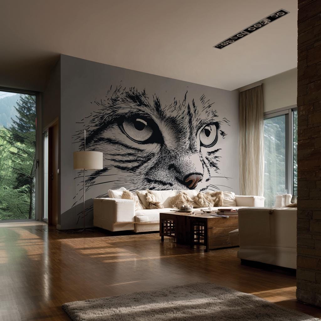 Printed vinyl wall artwork depicting a black and white cat face with prominent expressive eyes