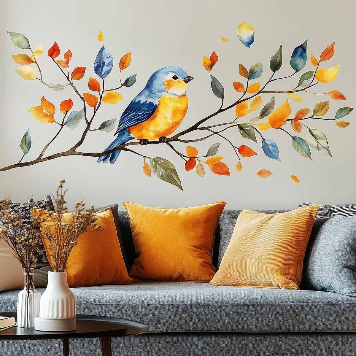 Bird on Branch Wall Decal featuring a watercolor bird on a branch with warm autumn colored leaves