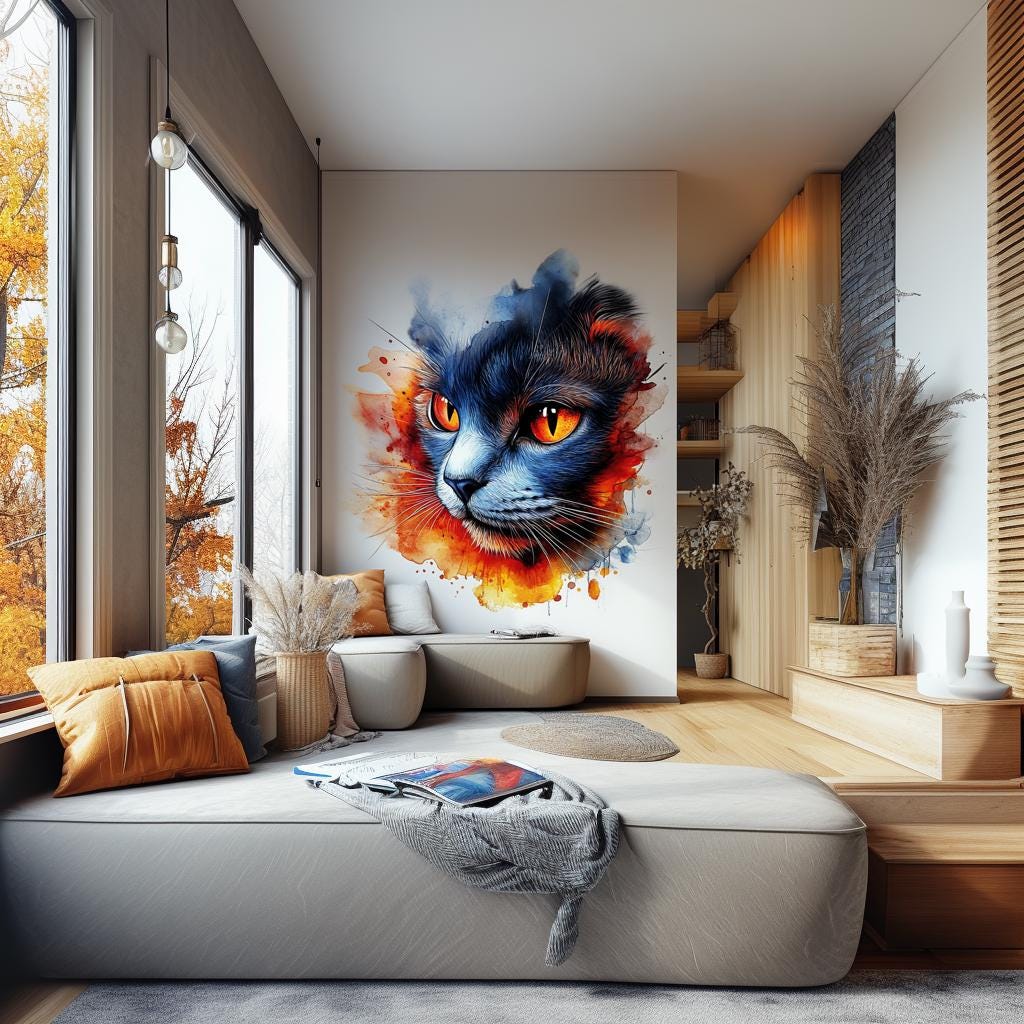 Colorful Cat Wall Decal featuring an expressive cat portrait with orange red and blue painted splashes