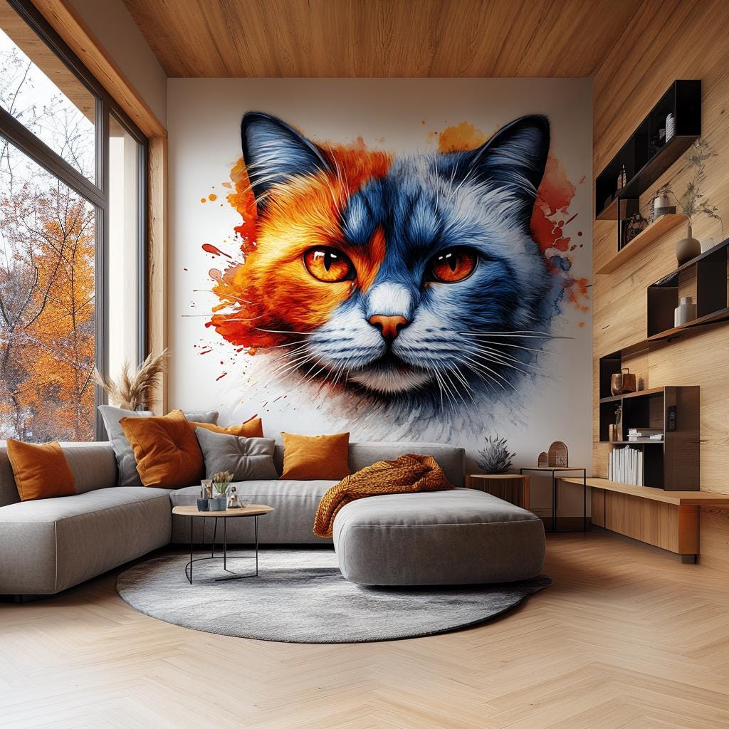 Printed vinyl wall artwork depicting a two tone cat face blending vibrant orange and deep blue watercolor