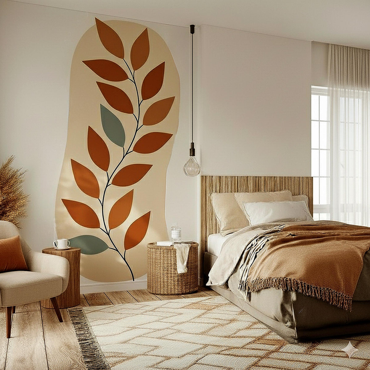 Modern Wall Decal featuring a tall abstract botanical branch in muted green beige and terracotta