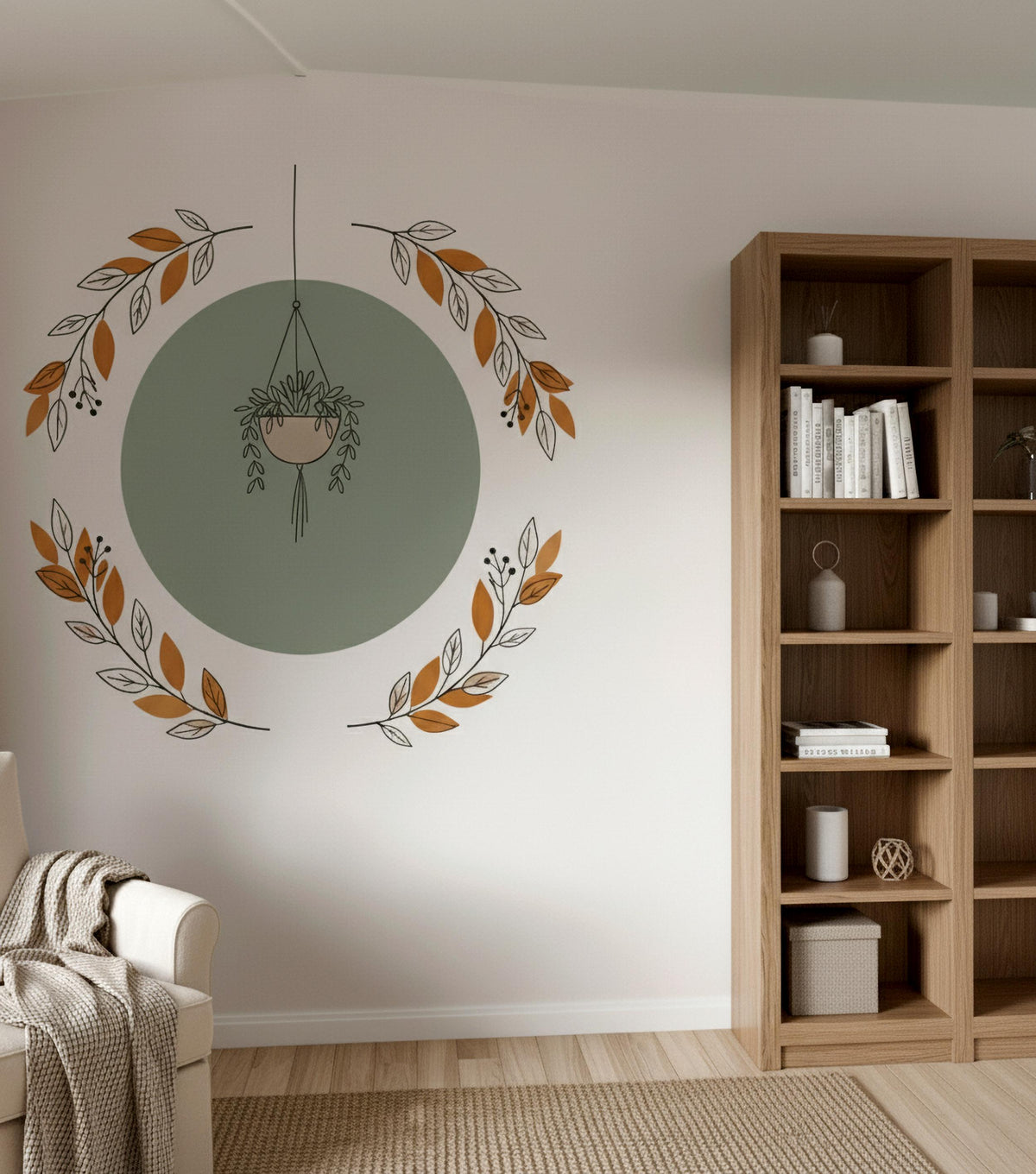Hanging Plant Wall Decal featuring a hanging green plant inside a soft circular botanical wreath
