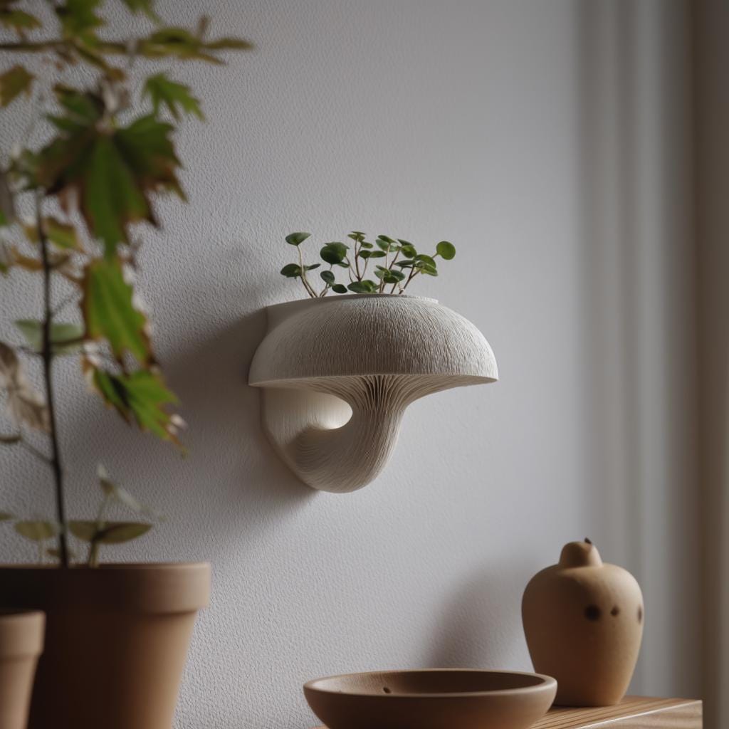 3D printed Mushroom Pot Display Wall Shelf with finely ribbed cap and gills