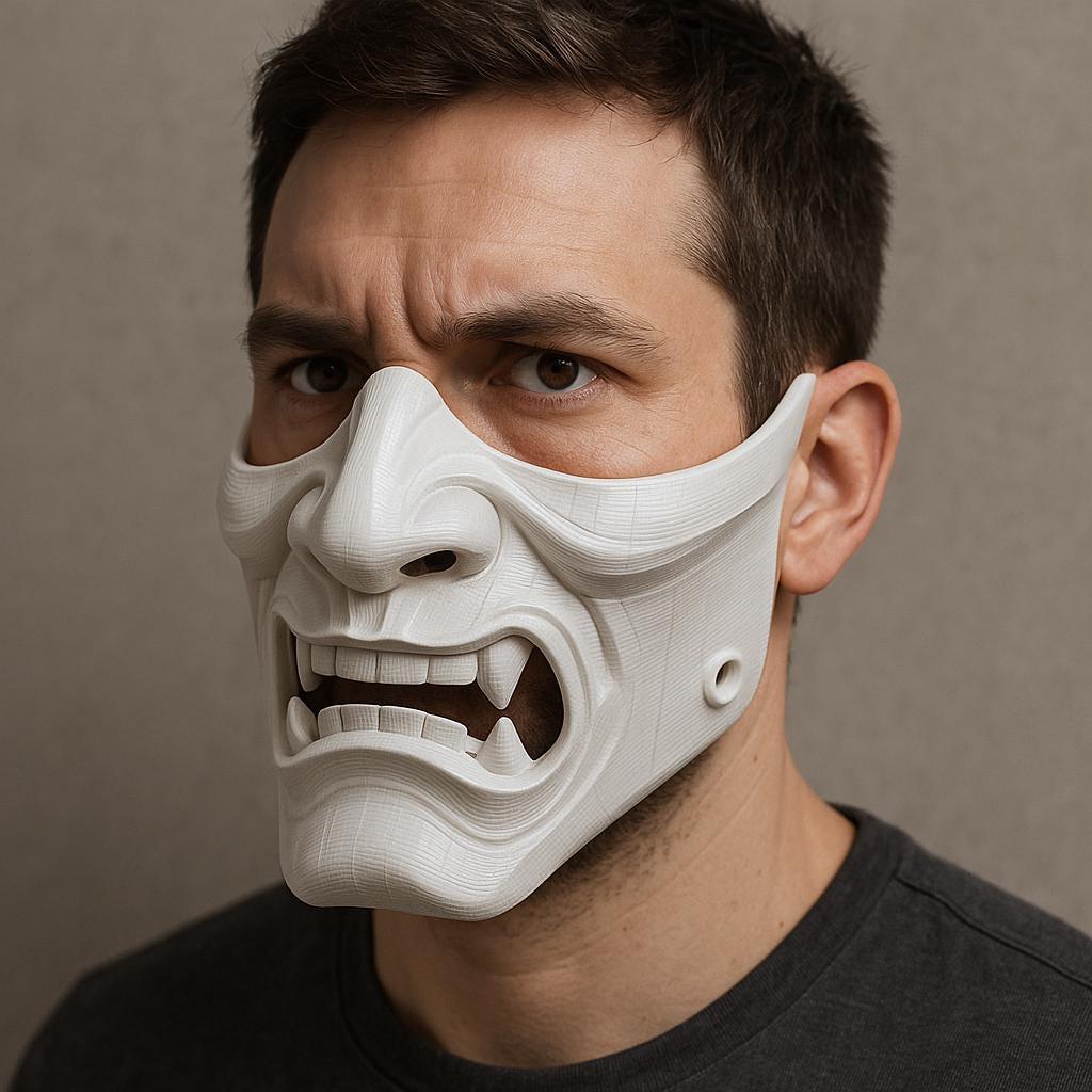 Product gallery view of 3D Printed White Oni Samurai Half Mask.