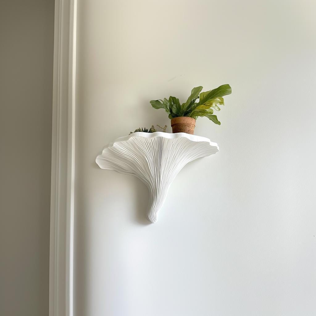 Product detail view of 3D Printed Turkey Tail Mushroom Wall Shelf.