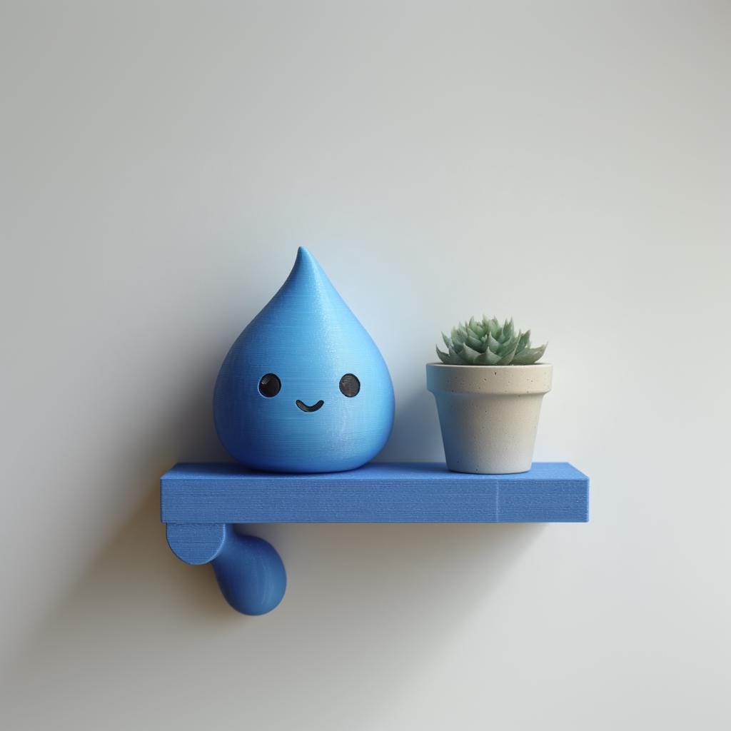 3D printed Water Drop Wall Shelf with small water drop character and a plant pot on a slim rectangular ledge