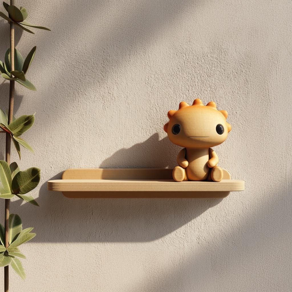 3D printed Sun Critter Wall Shelf with small sun like character sitting on a slim tray style ledge