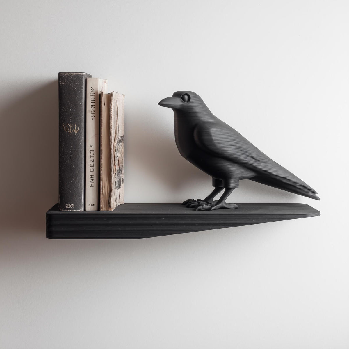 Raven Wall Shelf featuring raven figure integrated at one end of a display ledge