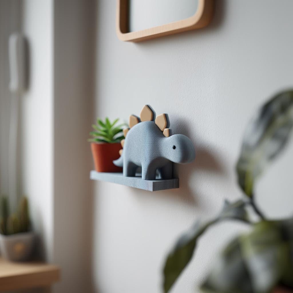 3D printed Stegosaurus Wall Shelf with small ledge, holding a plant pot