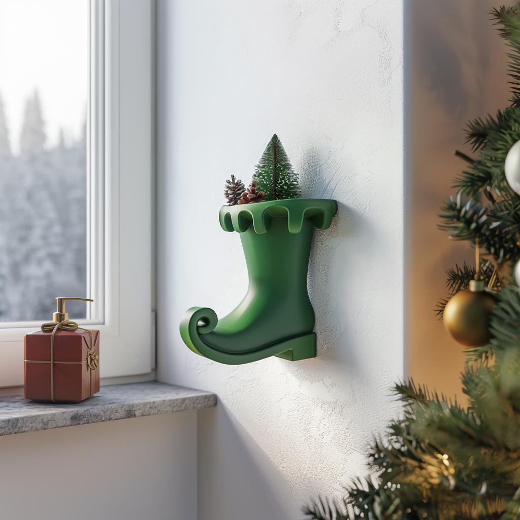 Elf Boot Wall Vase featuring curled elf boot form with an opening for dried or faux stems
