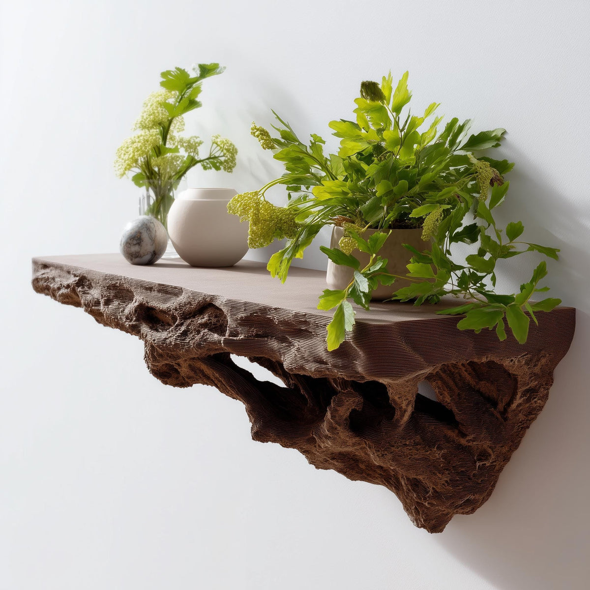 Brown 3D printed floating wall shelf with realistic root texture.