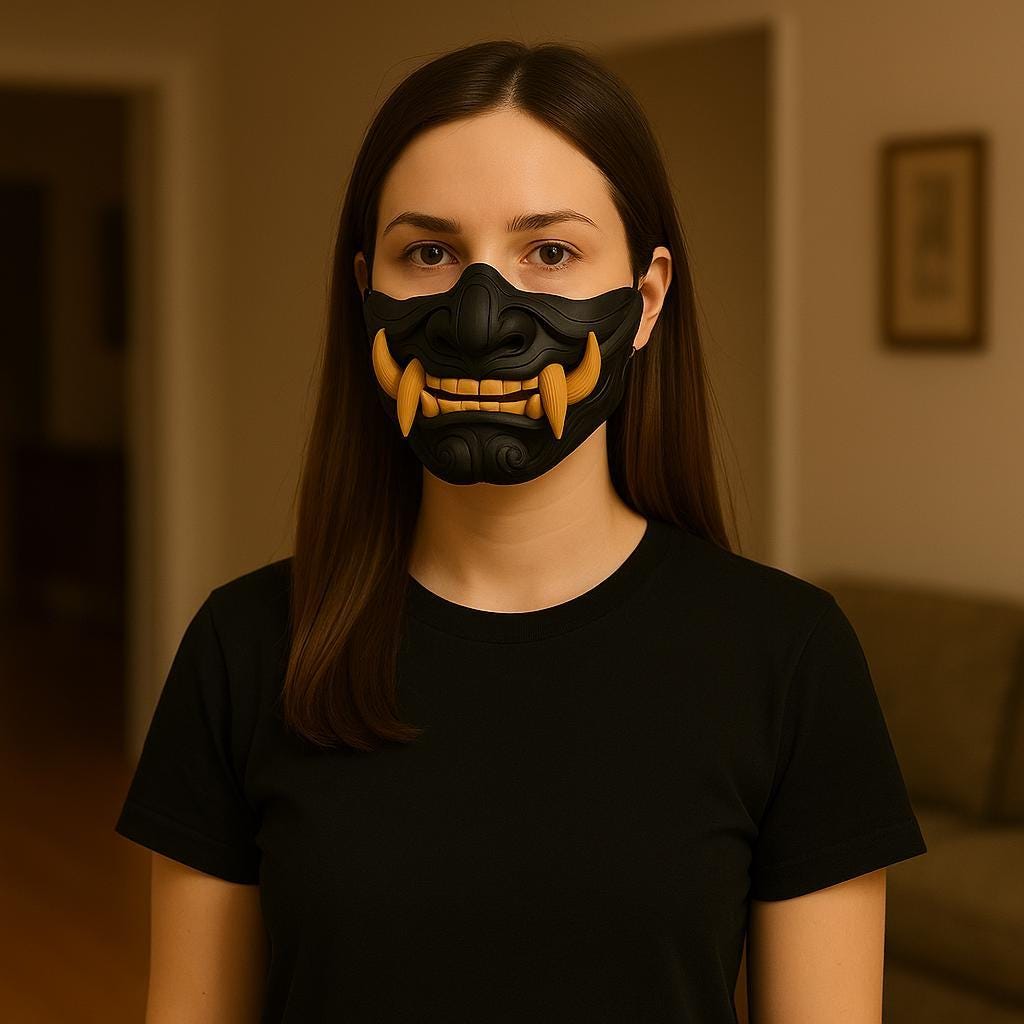3D printed oni mempo half face mask with black sculpted face with fierce golden tusks, for cosplay