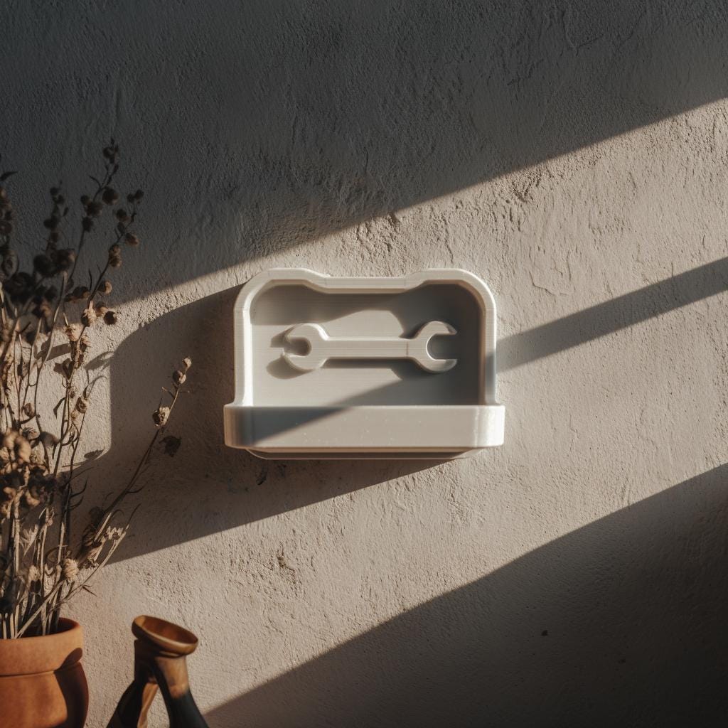 3D printed Tool Tray Wall Organizer with shallow tray and embossed wrench icon