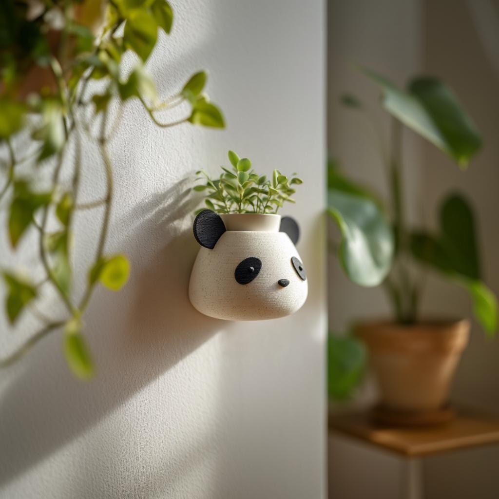 3D printed Panda Face Wall Planter with panda face wall pot with a top planting opening