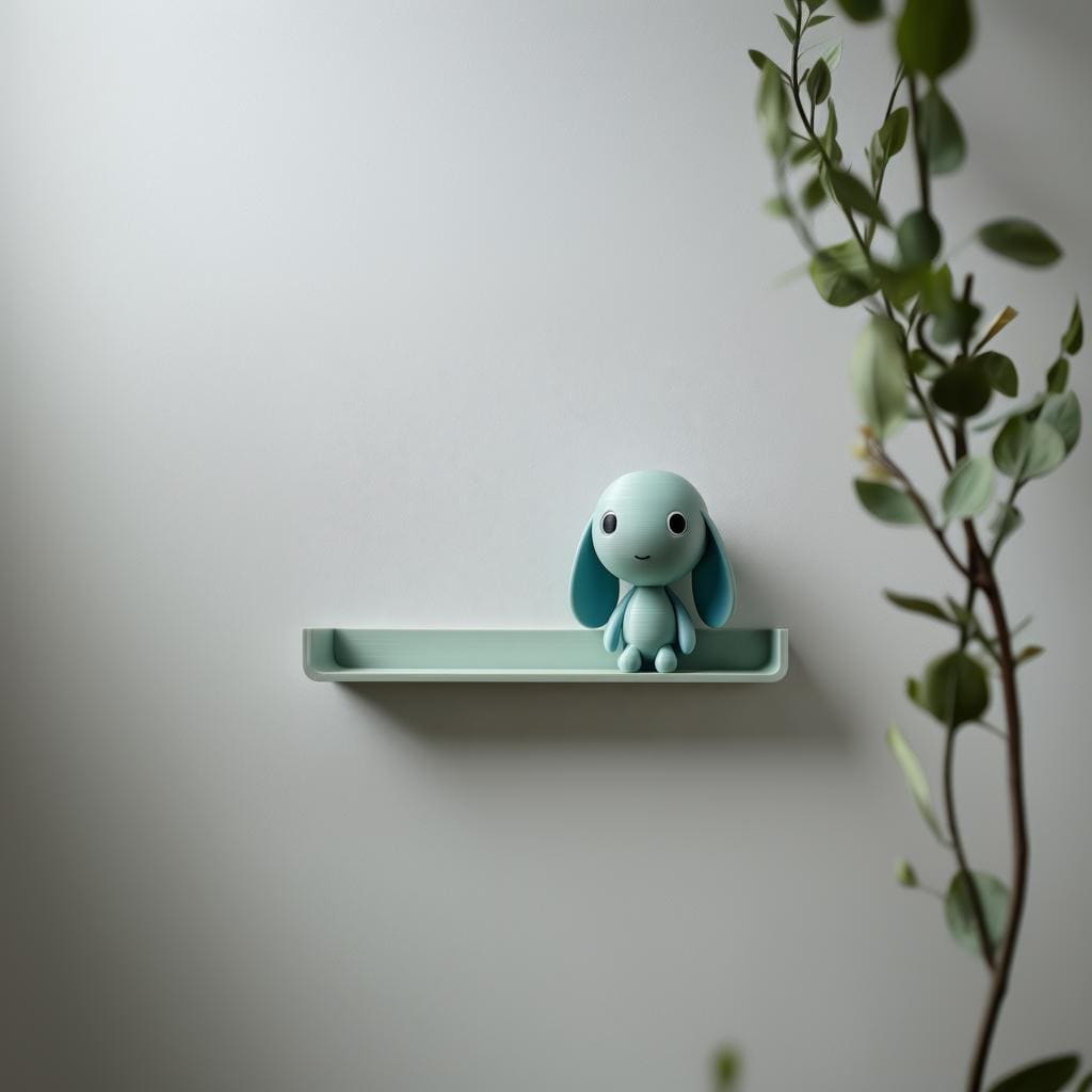 3D printed Playful Bunny Wall Shelf with integrated bunny character and a small plant pot beside it