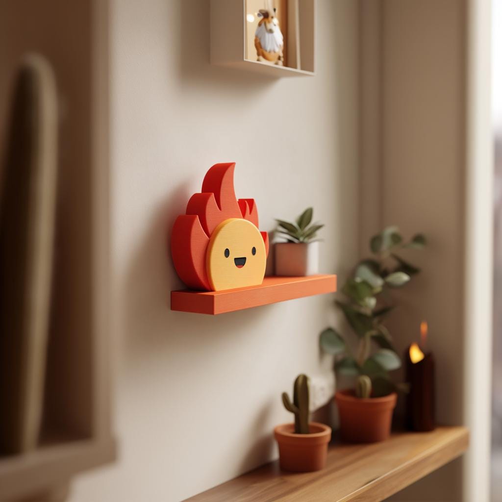 3D printed Fire Sprite Wall Shelf with flat ledge and attached smiling flame character made of matte PLA plastic